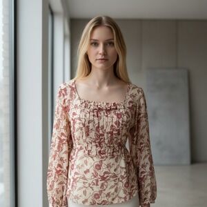 M.S.S.P. 100% Silk Top Cottagecore Floral Print Square Neck Long Sleeve Blouse M